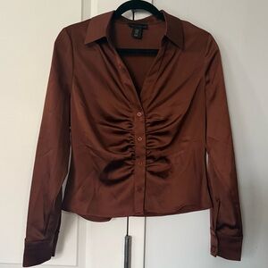 House of Harlow 1960 Brown Ruched Button Down Shirt